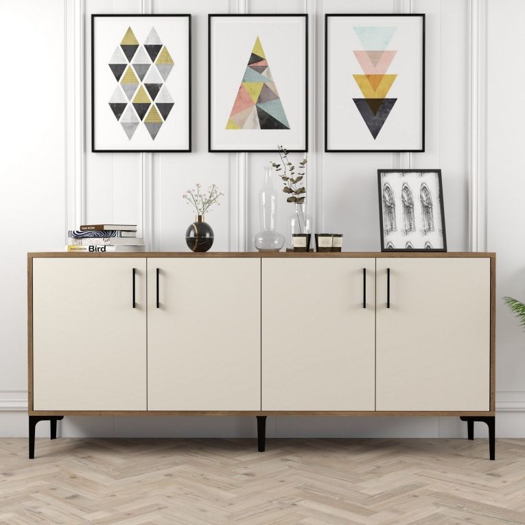Credenza Bianco Crema Marrone Noce 2 Ripiani 4 Ante 180x35x78h cm, 4 Vani - Pollein