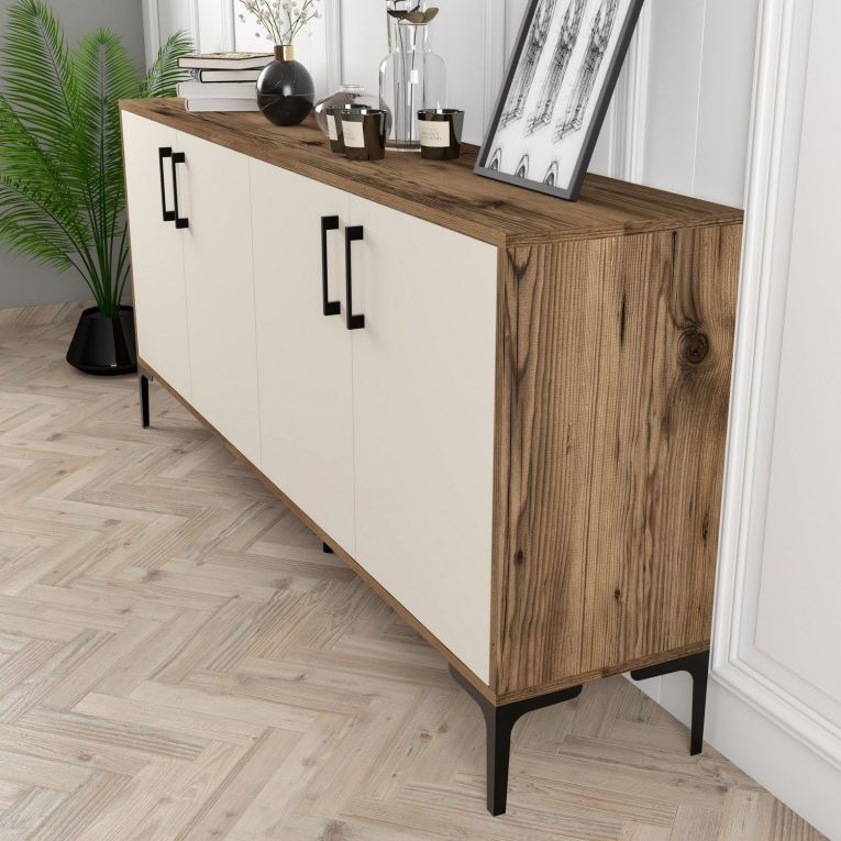 Credenza Bianco Crema Marrone Noce 2 Ripiani 4 Ante 180x35x78h cm, 4 Vani - Pollein