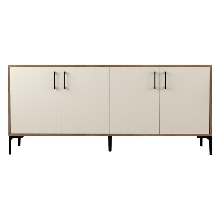 Credenza Bianco Crema Marrone Noce 2 Ripiani 4 Ante 180x35x78h cm, 4 Vani - Pollein