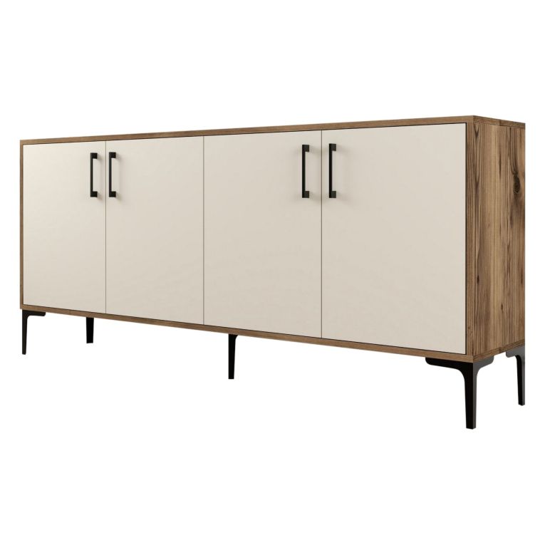 Credenza Bianco Crema Marrone Noce 2 Ripiani 4 Ante 180x35x78h cm, 4 Vani - Pollein