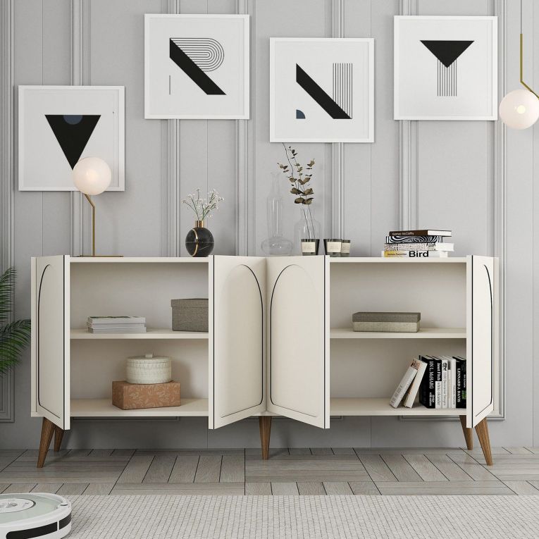 Credenza Bianco Crema Marrone Noce 2 Ripiani 4 Ante 180x35x81h cm, 4 Vani - Niscemi