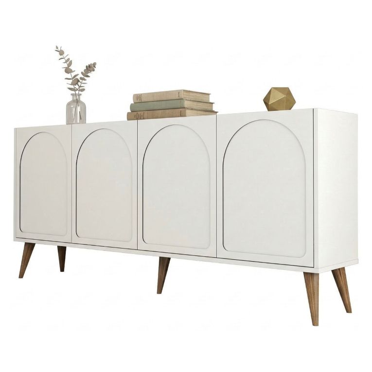 Credenza Bianco Crema Marrone Noce 2 Ripiani 4 Ante 180x35x81h cm, 4 Vani - Niscemi