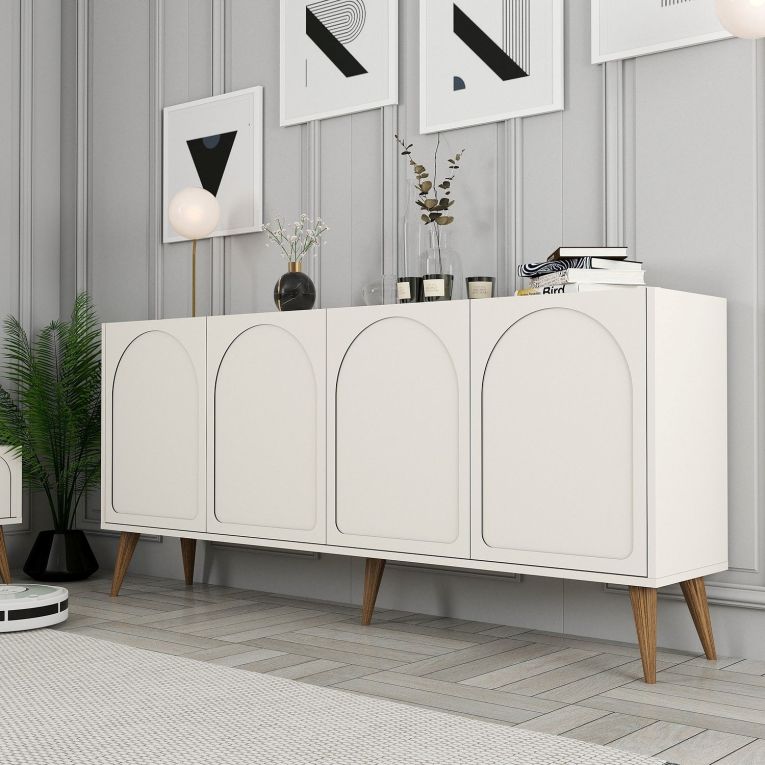 Credenza Bianco Crema Marrone Noce 2 Ripiani 4 Ante 180x35x81h cm, 4 Vani - Niscemi