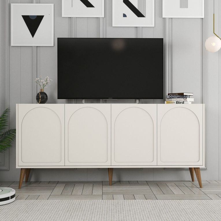 Credenza Bianco Crema Marrone Noce 2 Ripiani 4 Ante 180x35x81h cm, 4 Vani - Niscemi