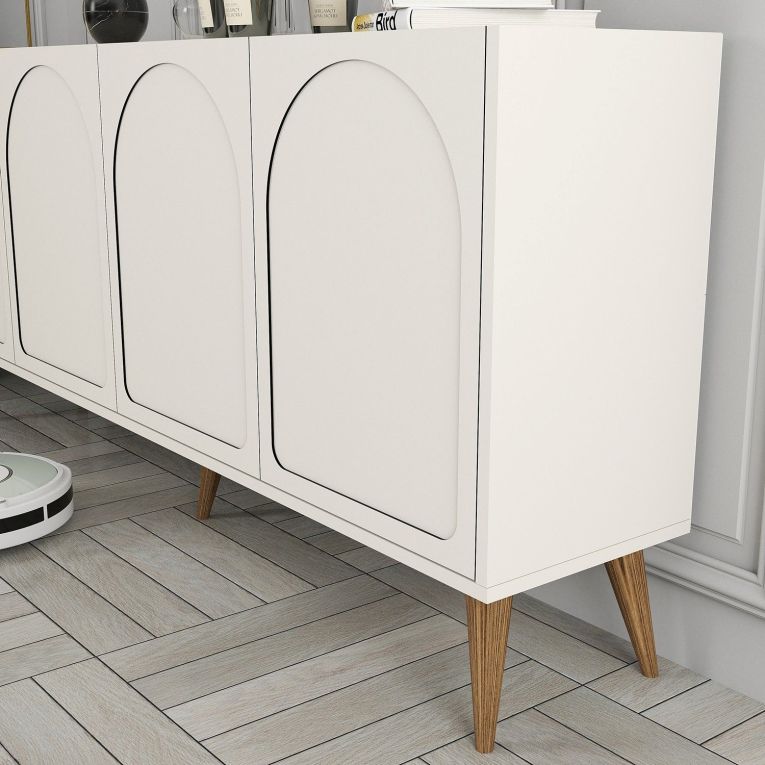 Credenza Bianco Crema Marrone Noce 2 Ripiani 4 Ante 180x35x81h cm, 4 Vani - Niscemi