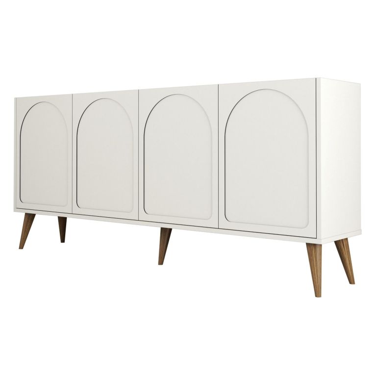 Credenza Bianco Crema Marrone Noce 2 Ripiani 4 Ante 180x35x81h cm, 4 Vani - Niscemi