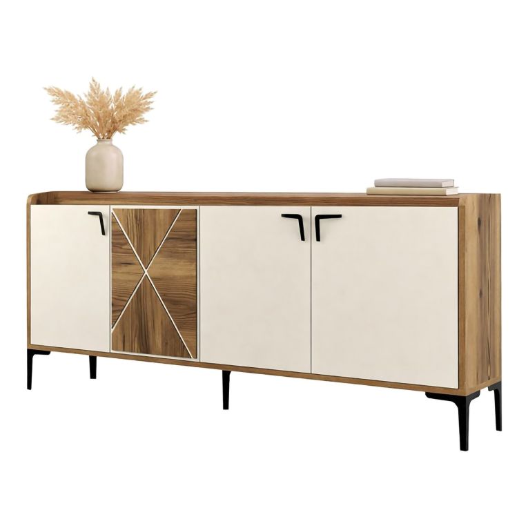 Credenza Bianco Crema Marrone Noce 2 Ripiani 4 Vani 180x35x78h cm, 4 Ante - Elini