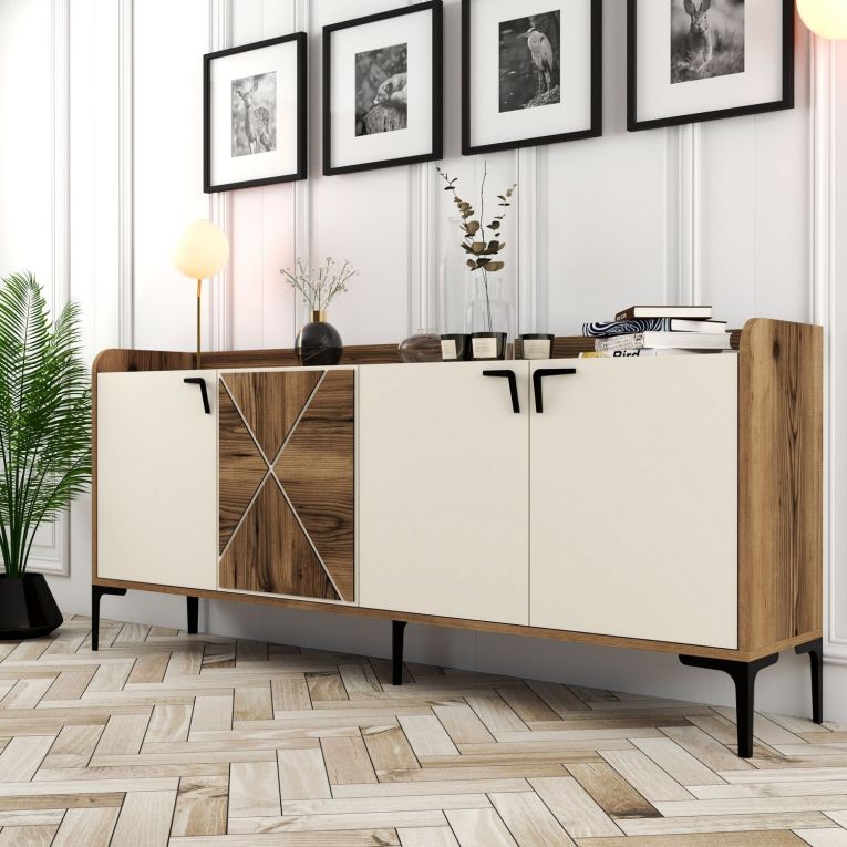 Credenza Bianco Crema Marrone Noce 2 Ripiani 4 Vani 180x35x78h cm, 4 Ante - Elini