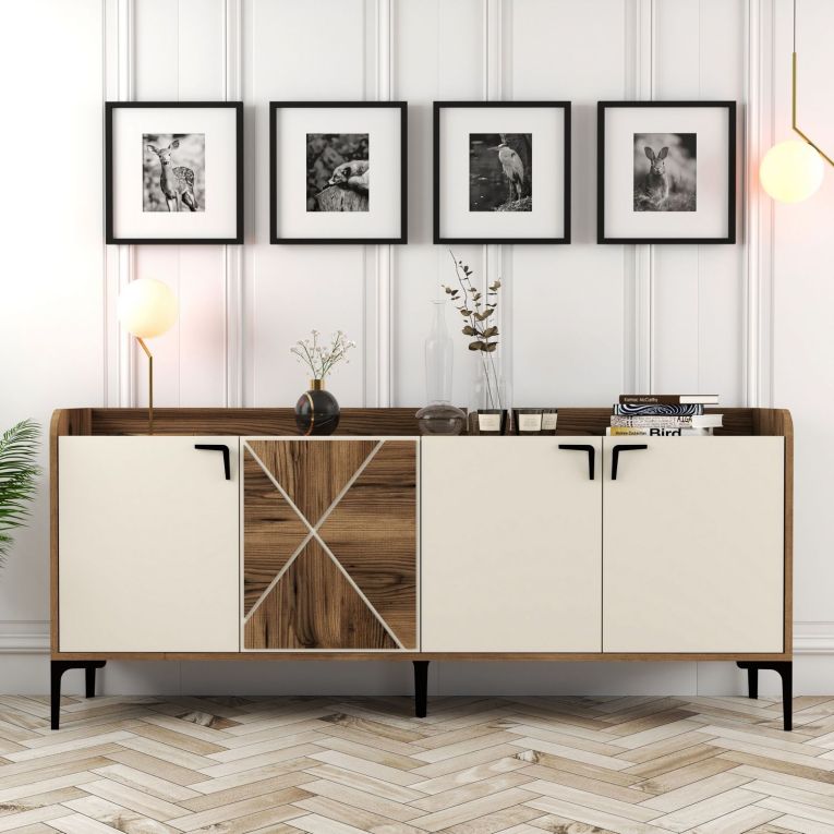 Credenza Bianco Crema Marrone Noce 2 Ripiani 4 Vani 180x35x78h cm, 4 Ante - Elini