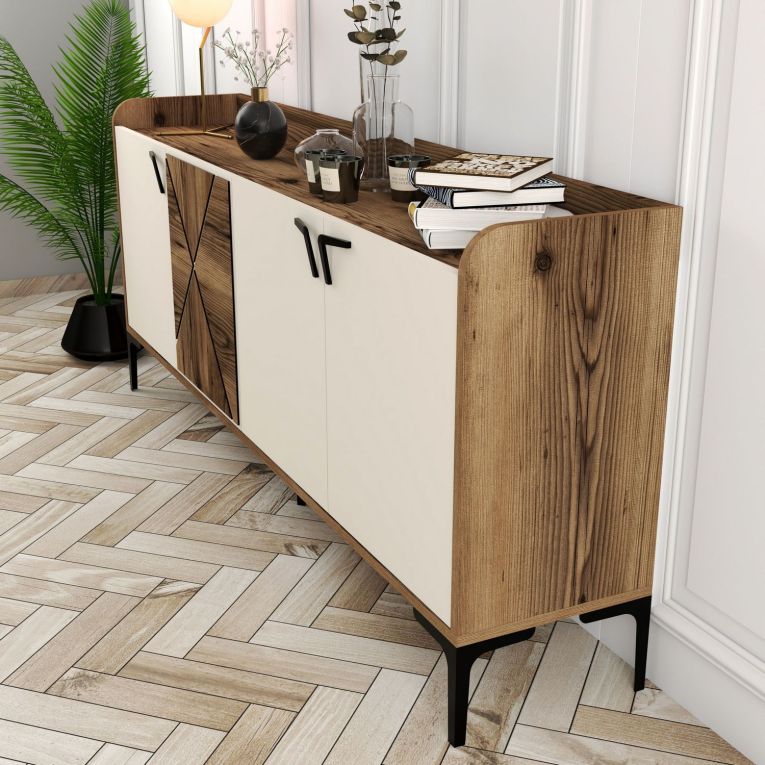 Credenza Bianco Crema Marrone Noce 2 Ripiani 4 Vani 180x35x78h cm, 4 Ante - Elini