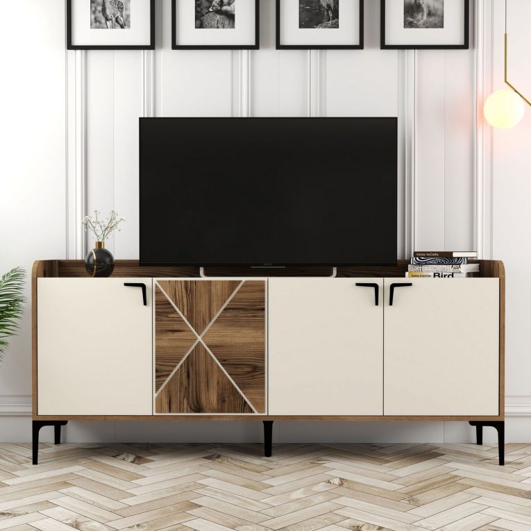 Credenza Bianco Crema Marrone Noce 2 Ripiani 4 Vani 180x35x78h cm, 4 Ante - Elini