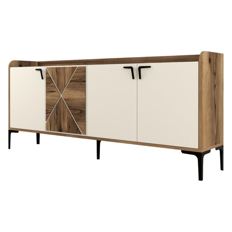 Credenza Bianco Crema Marrone Noce 2 Ripiani 4 Vani 180x35x78h cm, 4 Ante - Elini