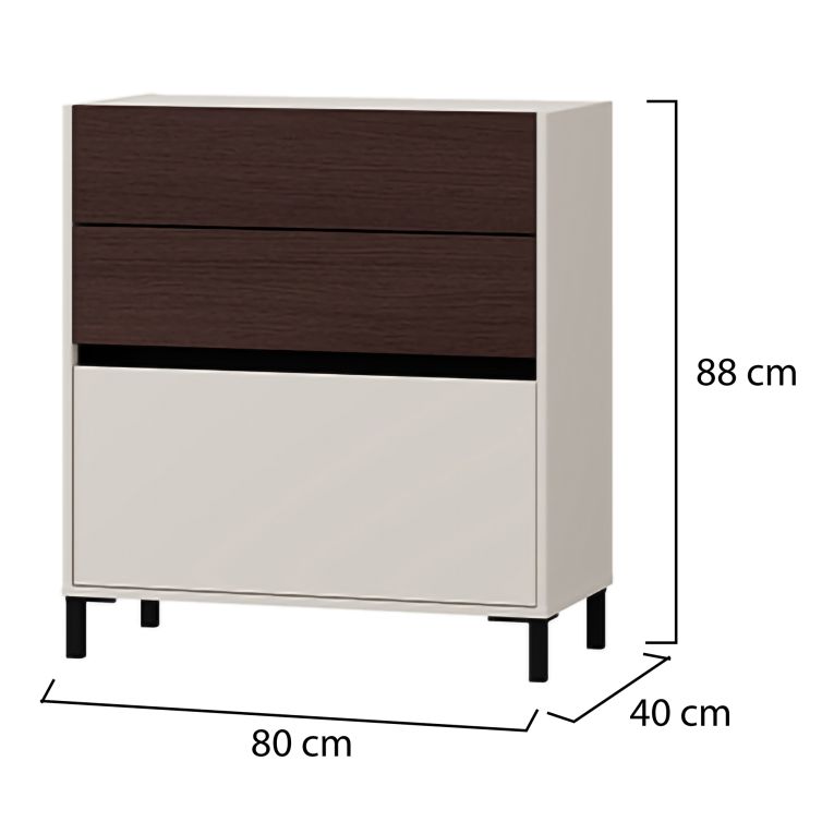 Credenza Bianco Crema Marrone Noce 3 Cassetti un Ripiano 80x40x88h cm, con Piedini - Amed