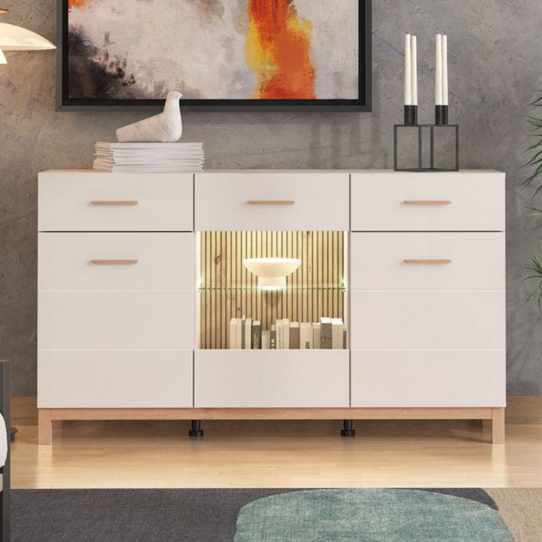 Credenza Bianco Crema Marrone Rovere 2 Cassetti 3 Ripiani 154x41.5x89h cm, Apertura Battente e Scorrevole - Nereto