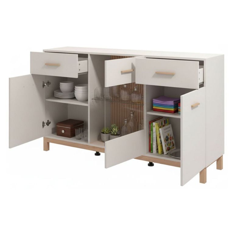 Credenza Bianco Crema Marrone Rovere 2 Cassetti 3 Ripiani 154x41.5x89h cm, Apertura Battente e Scorrevole - Nereto