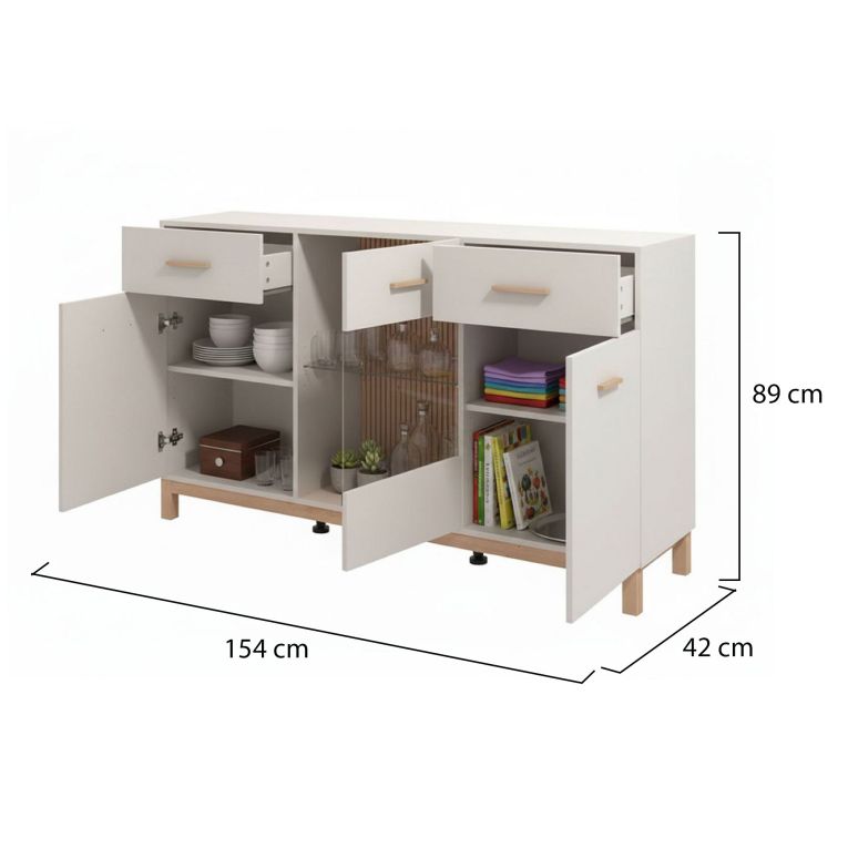 Credenza Bianco Crema Marrone Rovere 2 Cassetti 3 Ripiani 154x41.5x89h cm, Apertura Battente e Scorrevole - Nereto