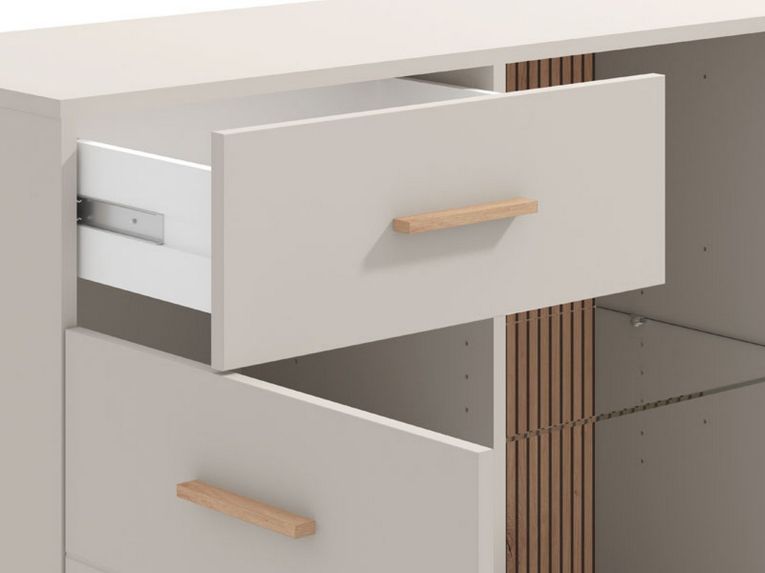 Credenza Bianco Crema Marrone Rovere 2 Cassetti 3 Ripiani 154x41.5x89h cm, Apertura Battente e Scorrevole - Nereto