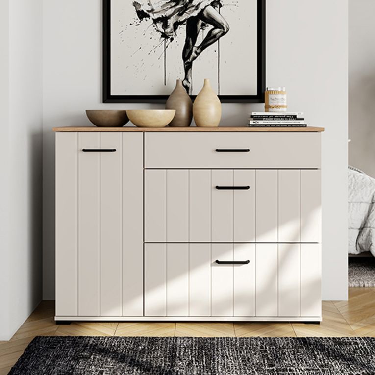 Credenza Bianco Crema Marrone Rovere 2 Ripiani 3 Cassetti 117x40x86h cm, Un'anta - Paro