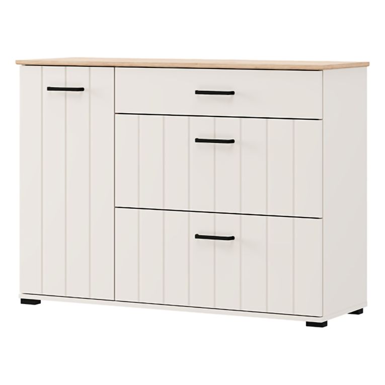 Credenza Bianco Crema Marrone Rovere 2 Ripiani 3 Cassetti 117x40x86h cm, Un'anta - Paro