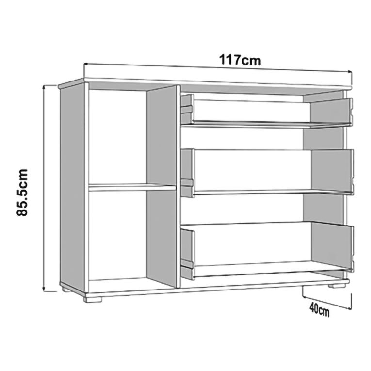 Credenza Bianco Crema Marrone Rovere 2 Ripiani 3 Cassetti 117x40x86h cm, Un'anta - Paro