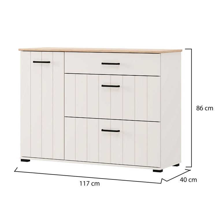 Credenza Bianco Crema Marrone Rovere 2 Ripiani 3 Cassetti 117x40x86h cm, Un'anta - Paro