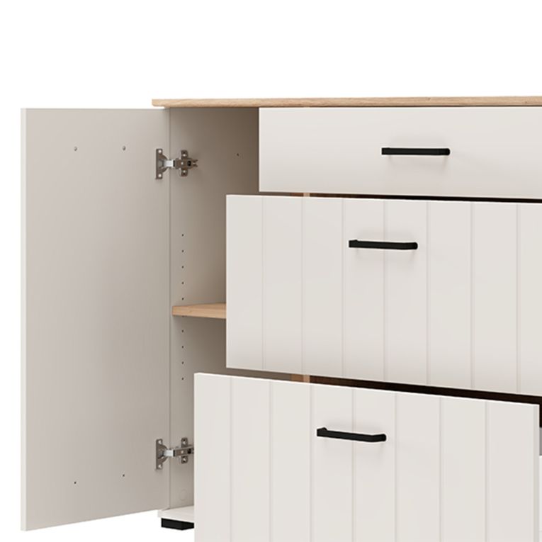 Credenza Bianco Crema Marrone Rovere 2 Ripiani 3 Cassetti 117x40x86h cm, Un'anta - Paro