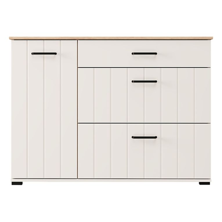 Credenza Bianco Crema Marrone Rovere 2 Ripiani 3 Cassetti 117x40x86h cm, Un'anta - Paro