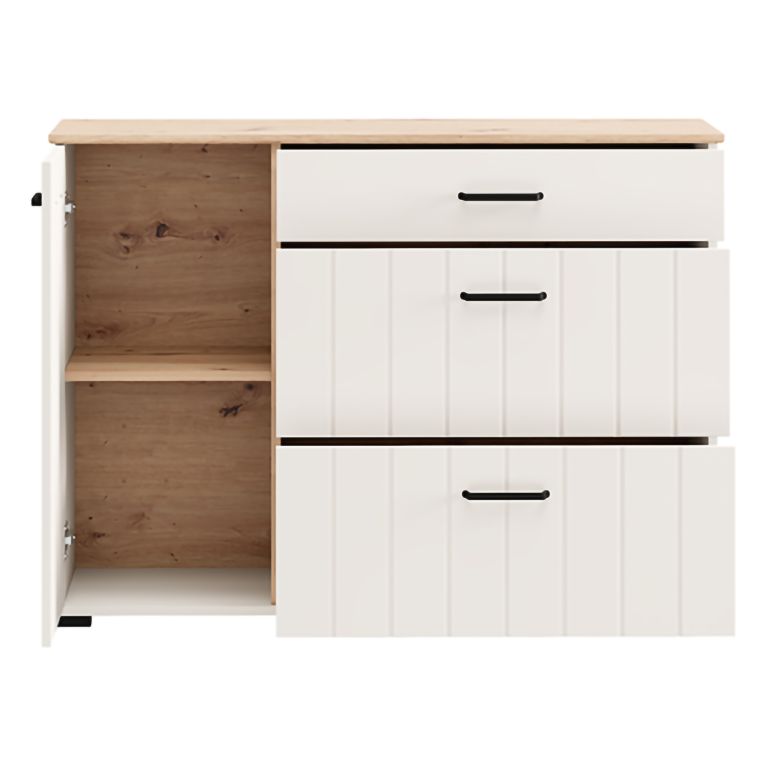 Credenza Bianco Crema Marrone Rovere 2 Ripiani 3 Cassetti 117x40x86h cm, Un'anta - Paro