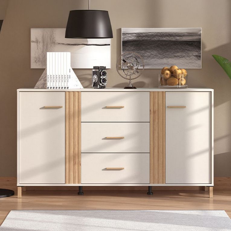 Credenza Bianco Crema Marrone Rovere 2 Ripiani 3 Cassetti 163.5x40x90h cm, 2 Ante - Frisanco