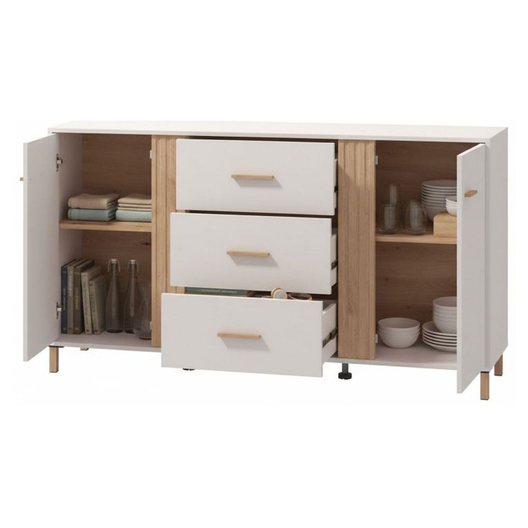 Credenza Bianco Crema Marrone Rovere 2 Ripiani 3 Cassetti 163.5x40x90h cm, 2 Ante - Frisanco