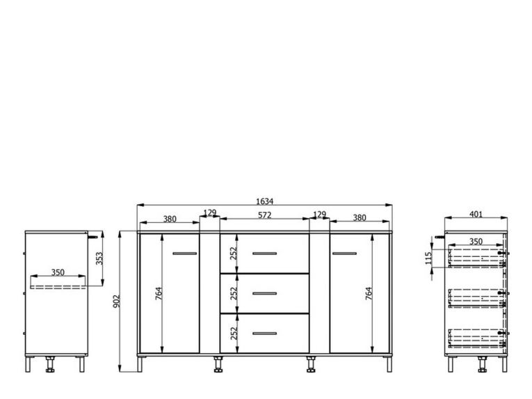 Credenza Bianco Crema Marrone Rovere 2 Ripiani 3 Cassetti 163.5x40x90h cm, 2 Ante - Frisanco