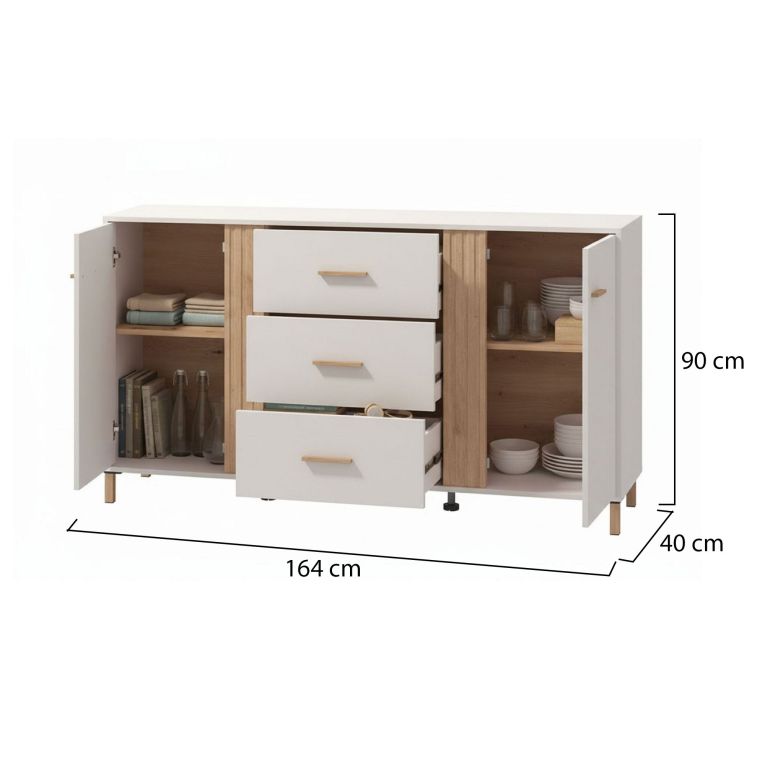 Credenza Bianco Crema Marrone Rovere 2 Ripiani 3 Cassetti 163.5x40x90h cm, 2 Ante - Frisanco