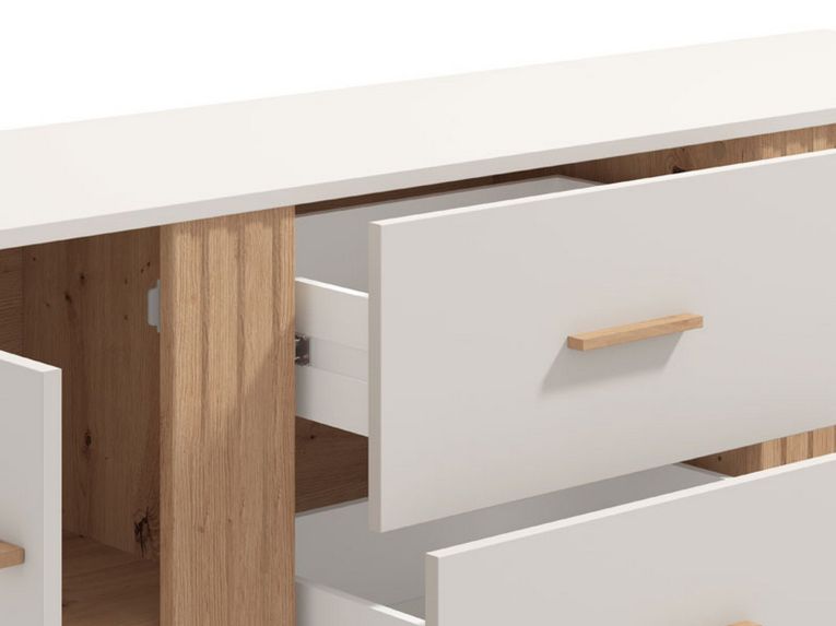 Credenza Bianco Crema Marrone Rovere 2 Ripiani 3 Cassetti 163.5x40x90h cm, 2 Ante - Frisanco