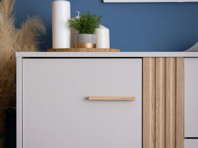 Credenza Bianco Crema Marrone Rovere 2 Ripiani 3 Cassetti 163.5x40x90h cm, 2 Ante - Frisanco
