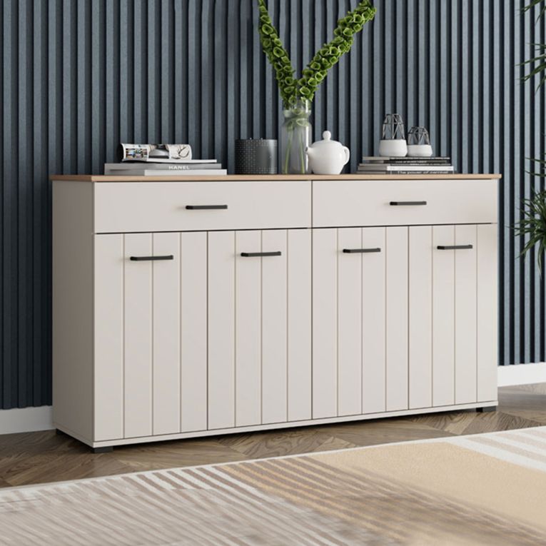 Credenza Bianco Crema Marrone Rovere 3 Ripiani 2 Cassetti 156x40x86h cm, 4 Ante - Quarna