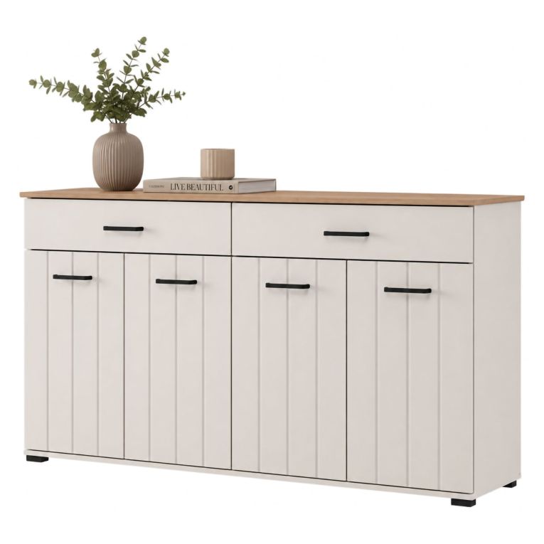 Credenza Bianco Crema Marrone Rovere 3 Ripiani 2 Cassetti 156x40x86h cm, 4 Ante - Quarna