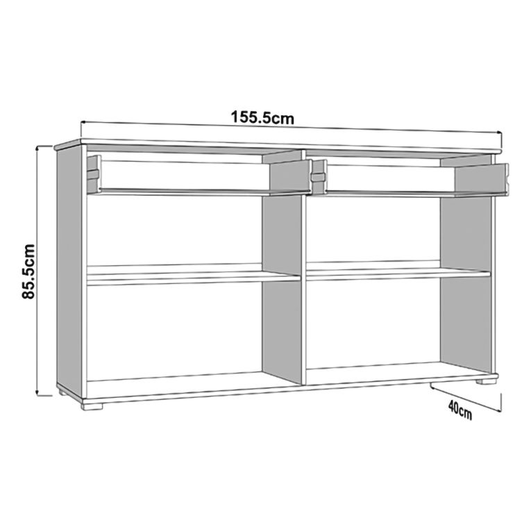 Credenza Bianco Crema Marrone Rovere 3 Ripiani 2 Cassetti 156x40x86h cm, 4 Ante - Quarna