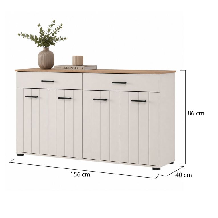 Credenza Bianco Crema Marrone Rovere 3 Ripiani 2 Cassetti 156x40x86h cm, 4 Ante - Quarna