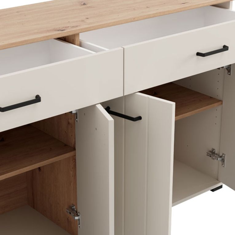 Credenza Bianco Crema Marrone Rovere 3 Ripiani 2 Cassetti 156x40x86h cm, 4 Ante - Quarna