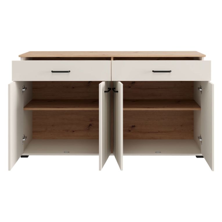Credenza Bianco Crema Marrone Rovere 3 Ripiani 2 Cassetti 156x40x86h cm, 4 Ante - Quarna