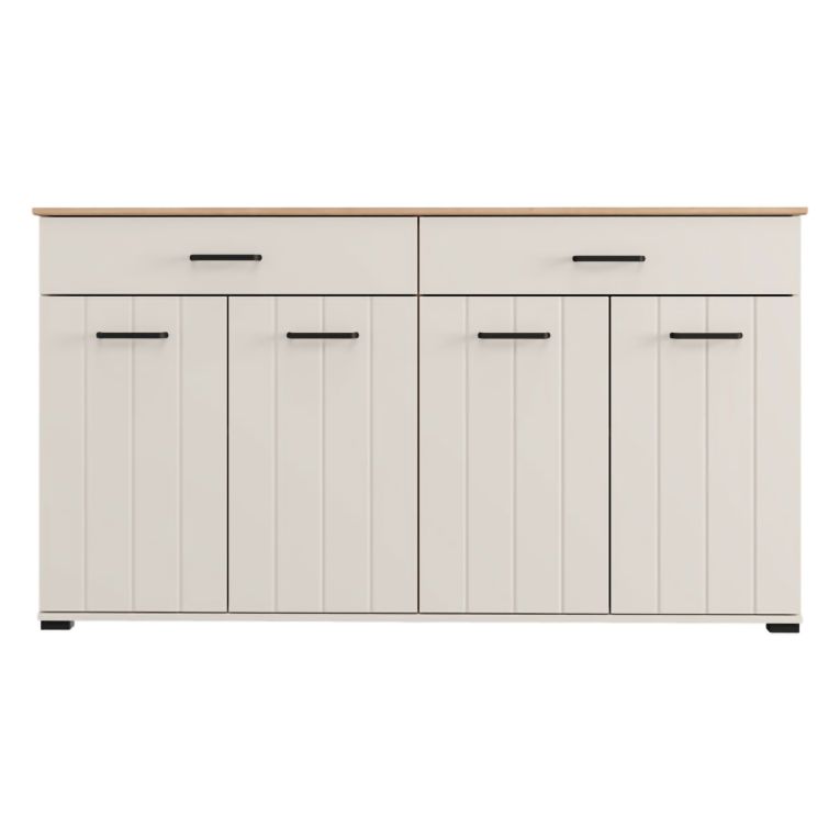 Credenza Bianco Crema Marrone Rovere 3 Ripiani 2 Cassetti 156x40x86h cm, 4 Ante - Quarna