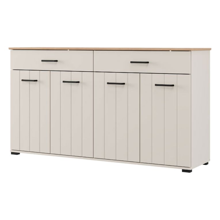 Credenza Bianco Crema Marrone Rovere 3 Ripiani 2 Cassetti 156x40x86h cm, 4 Ante - Quarna