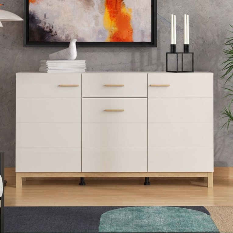 Credenza Bianco Crema Marrone Rovere 3 Ripiani un Cassetto 154x41.5x89h cm, 3 Ante - Pianico