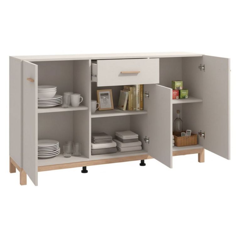Credenza Bianco Crema Marrone Rovere 3 Ripiani un Cassetto 154x41.5x89h cm, 3 Ante - Pianico