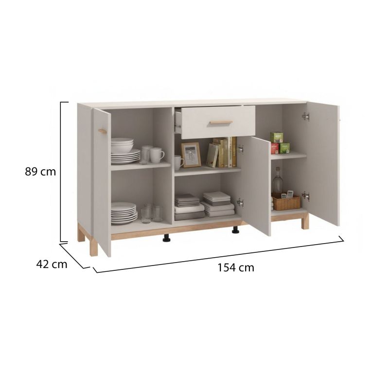 Credenza Bianco Crema Marrone Rovere 3 Ripiani un Cassetto 154x41.5x89h cm, 3 Ante - Pianico