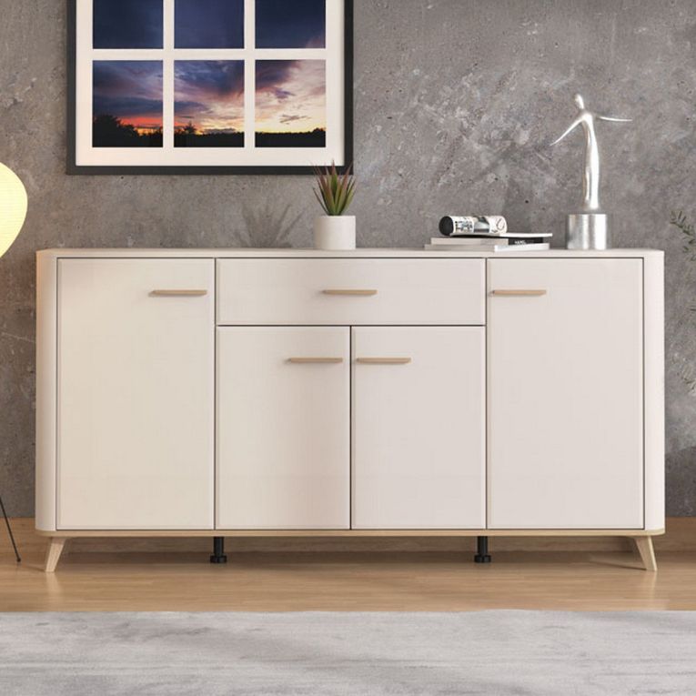 Credenza Bianco Crema Marrone Rovere 3 Ripiani un Cassetto 179.5x40x90.5h cm, 4 Ante - Illorai