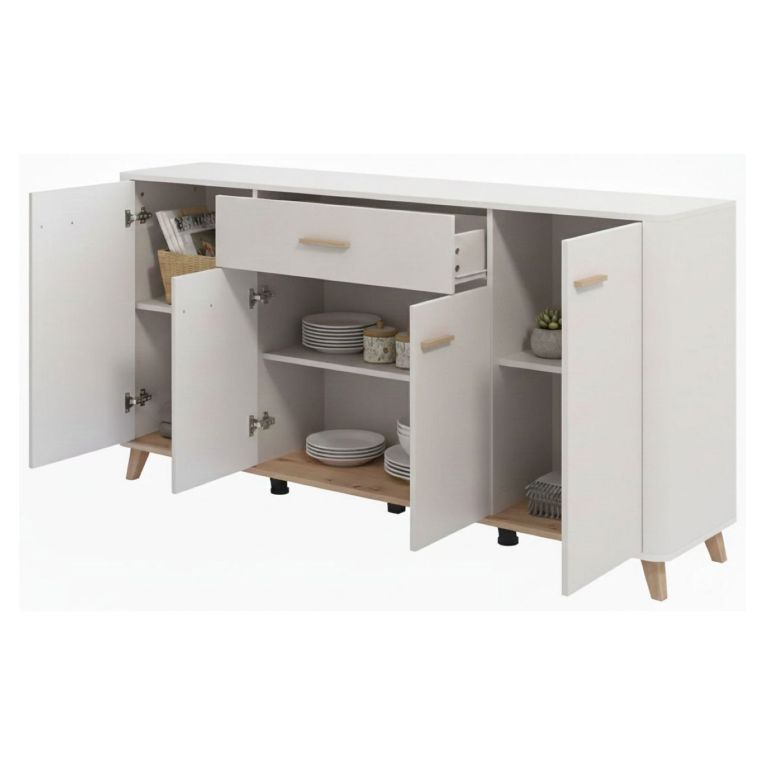 Credenza Bianco Crema Marrone Rovere 3 Ripiani un Cassetto 179.5x40x90.5h cm, 4 Ante - Illorai
