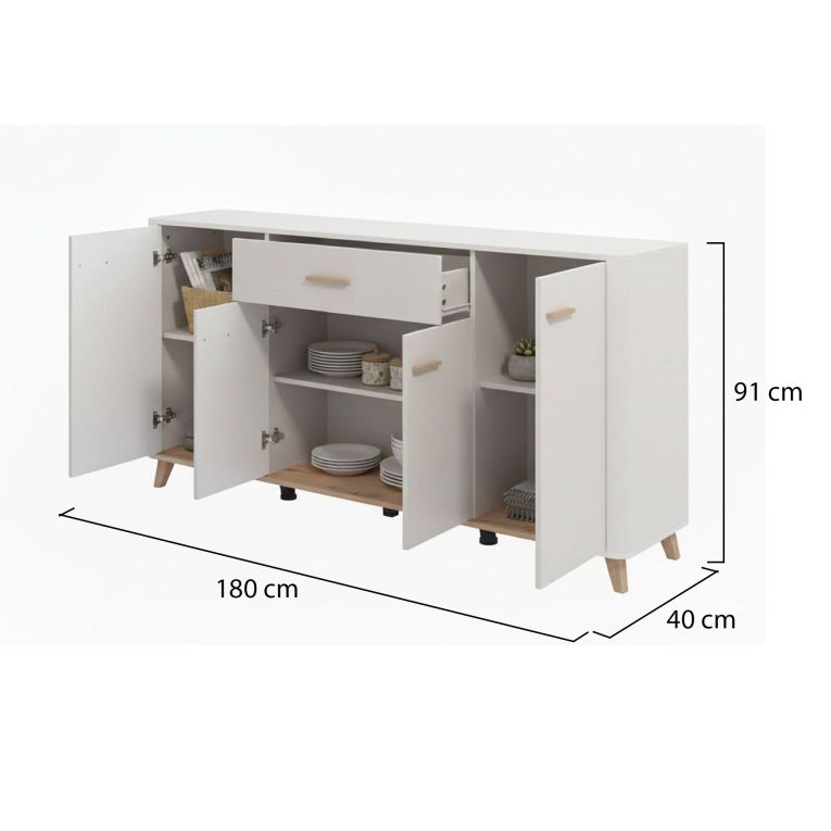 Credenza Bianco Crema Marrone Rovere 3 Ripiani un Cassetto 179.5x40x90.5h cm, 4 Ante - Illorai