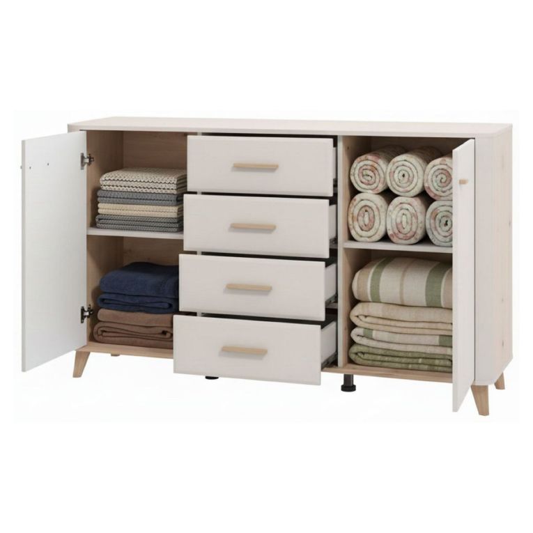 Credenza Bianco Crema Marrone Rovere Nodi 2 Ripiani 4 Cassetti 154x40x90.5h cm, 2 Ante - Illorai