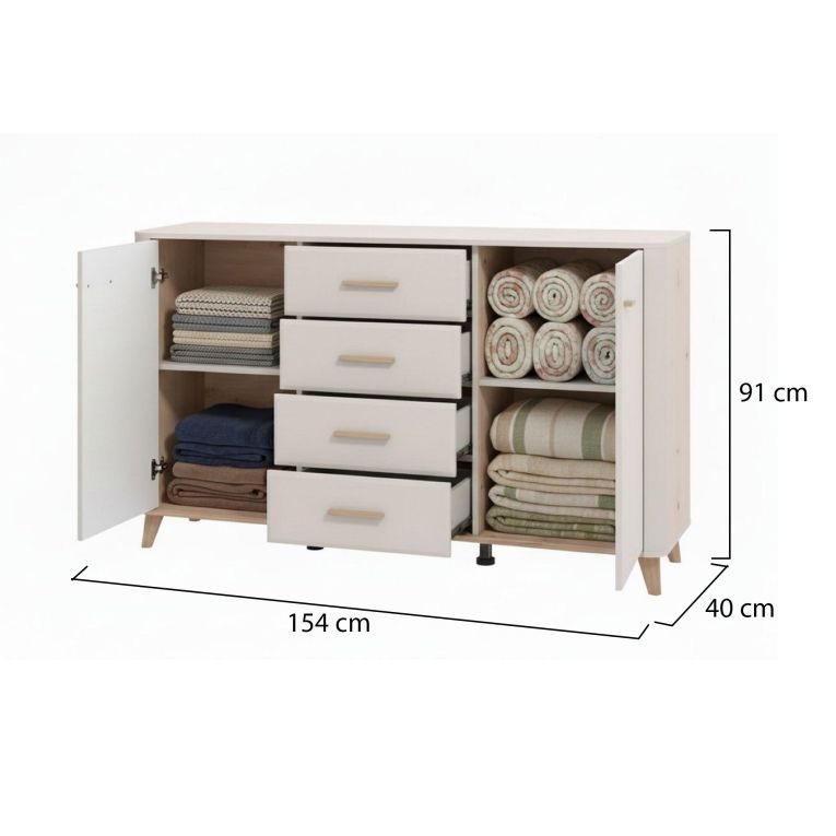 Credenza Bianco Crema Marrone Rovere Nodi 2 Ripiani 4 Cassetti 154x40x90.5h cm, 2 Ante - Illorai